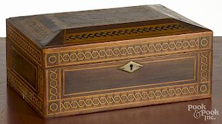 Parquetry dresser box, late 19th c., 5'' h., 11 3/4'' w., 8 1/2'' d.