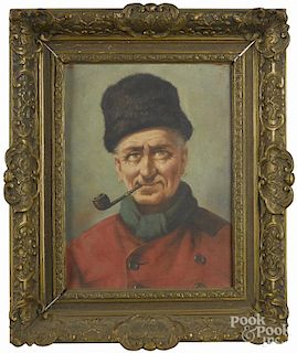 American oil on canvas portrait, early 20th c., of a man with a pipe, 15 3/4'' x 12''.