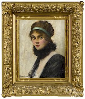 Herbert Morgan (American 1857-1917), oil on board portrait, tiled The Green Ribbon, signed