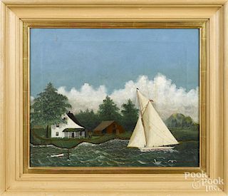 American primitive oil on canvas river landscape, early 20th c., with a sailboat, signed W. Rigby