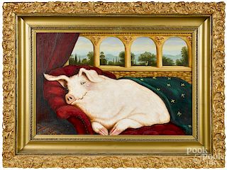 Amos Shontz (American 20th c.), oil on canvas of a pig, titled Sweet Indolence, signed lower left