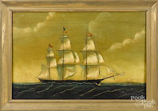 Contemporary oil on canvas portrait of a three-masted schooner, 20th c., 24'' x 36''.