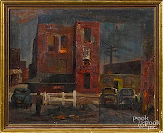 John Maxwell (American, b. 1909), oil on board, titled Red Houses Twilight, signed lower middle
