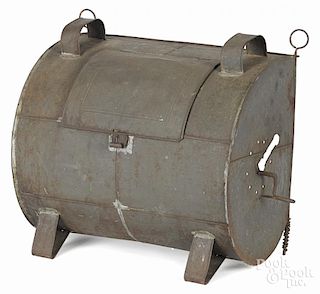 Tin hearth reflector oven, 19th c., with an iron spit rod, 18'' h., 19'' w.
