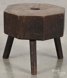 Primitive walnut stool, 19th c., 9 1/2'' h., 9 1/2'' w.