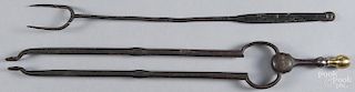 American Federal iron and brass fire tongs, early 19th c., together with a flesh fork, 22 1/2'' l.