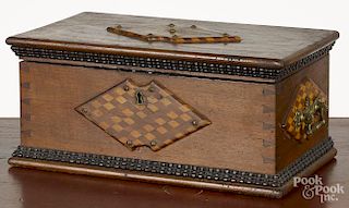Parquetry inlaid walnut dresser box, 19th c., with ribbon molding and a divided lift out interior