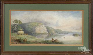Julius Augustus Beck (American 1831-1915), watercolor river landscape, signed lower left, 9'' x 19''.