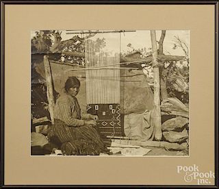 Early photograph of a Navajo woman weaving, 10 1/2'' x 13 1/4'', together with a lithograph interior