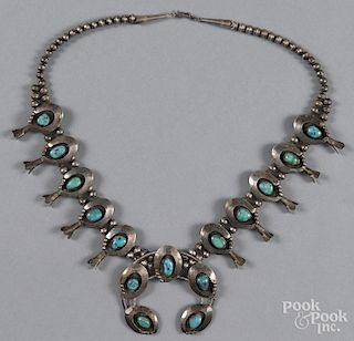 Early Navajo silver and turquoise squash blossom necklace.