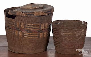 Two Tlingit polychrome baskets, late 19th c., together with a mismatched lid, 5'' h. and 6 3/4'' h.