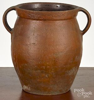 Large Pennsylvania redware double-handled crock, 19th c., numbered 31 and initialed on underside