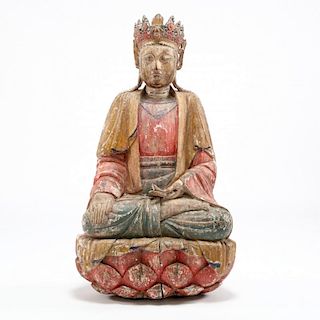 A Large Wooden Sculpture of Seated Guanyin