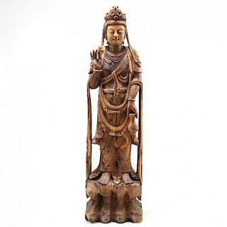 Chinese Standing Guanyin Wooden Sculpture