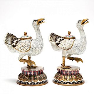 A Pair of Chinese Cloisonne Duck Figural Censers