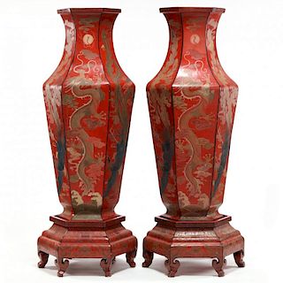 Pair of Large Red Lacquer Imperial Vases with Stands