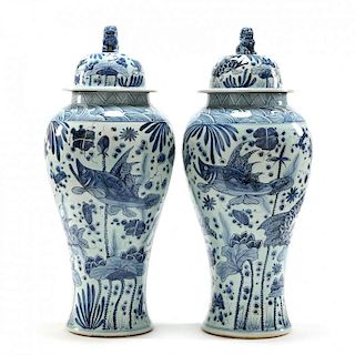 Pair of Large Palace Blue and White Covered Urns