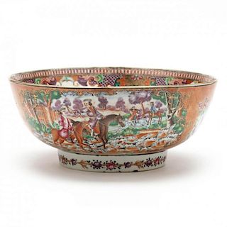 Chinese Export Mandarin Rose Punch Bowl with Hunting Scene