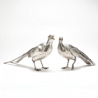 Pair of Large Italian Sterling Silver Pheasants