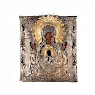 A Russian Icon of Our Lady of the Sign with Gilded Silver Oklad