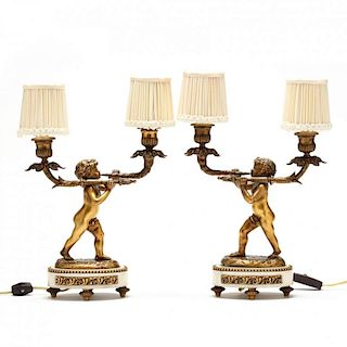 Pair of Antique French Bronze & Marble Boudoir Lamps