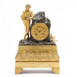French Gilt Bronze Figural Mantel Clock With Bagpiper