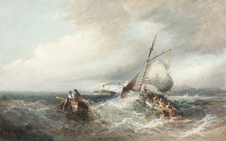 SHIPS IN A STORM OIL PAINTING