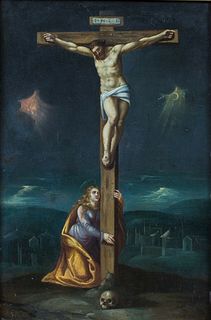 CRUCIFIXION JESUS & MARY MAGDALENE OIL PAINTING