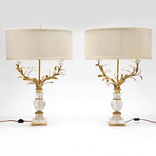 Pair of Italian Gilt Bronze & Rock Crystal Table Lamps