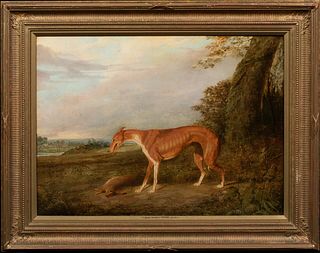 GREYHOUND & GAME IN A LANDSCAPE OIL PAINTING