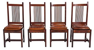 Four Arts and Crafts Mahogany and Leather Side Chairs