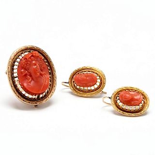 Victorian 18KT Gold and Red Coral Demi Parure