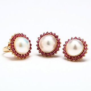 14KT Mabe Pearl and Ruby Demi Parure