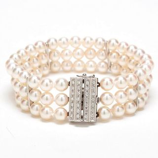 18KT Multi Strand Pearl and Diamond Bracelet, Damiani