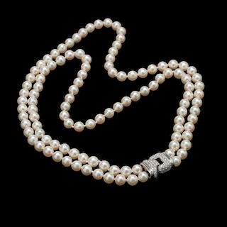 18KT Double Strand Pearl and Diamond Necklace, Damiani