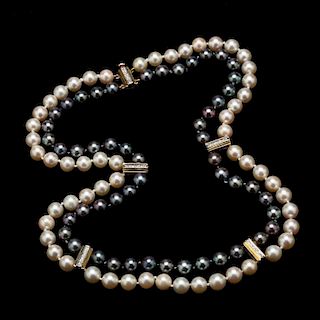 14KT Double Strand Cultured Pearl and Diamond Necklace, Konig and Herzog