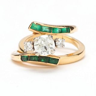 Vintage 14KT Diamond and Emerald Wedding Set