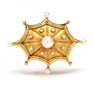 18KT Gold, Pearl, and Diamond Brooch / Slide