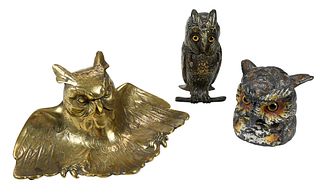 Group of Three Bronze Owl Form Inkwells