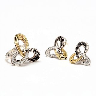 18KT Yellow Gold, Sterling, and Diamond Ring and Earrings, Lagos