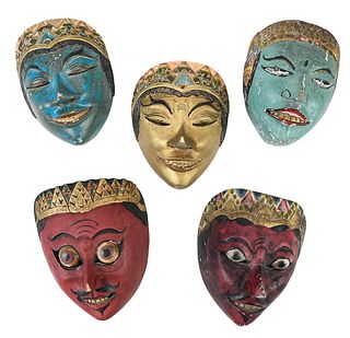 Five Indonesian Wooden Carved Painted Masks