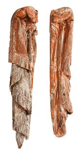 Pair Of Carved And Painted Curtain Form Appliques