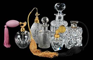 Six Clear Cut Glass Perfumes And Atomizers
