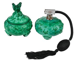 Two Malachite Glass Objects, Perfume And Powder Jar