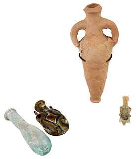Four Glass and Pottery Miniature Bottles, Roman 