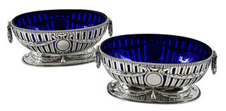 Pair Austria Hungary Silver Urns With Blue Glass Liners