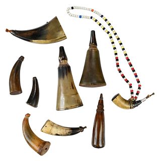 Nine Small Powder Horns and Flasks 