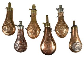 Six Antique Copper Powder Flasks