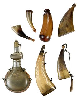 Seven Antique Horn Powder Flasks