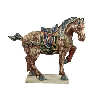 Tang Style Polychrome Carved Wood Horse Figure